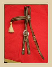 Harness leather headstall with tassles on the brow band with rawhide knots and fancy buckles and rosettes
