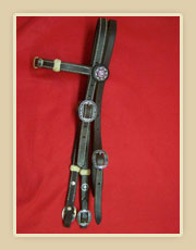Headstall with fancy rosettes, rawhide knots, fancy buckles and turquoise Conchos