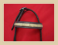 Headstall with buckle adjustment on pole, fancy Conchos and rawhide braiding
