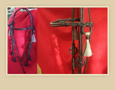 Coffee colored rawhide braided headstall with horse hair tassles and rawhide braided rings