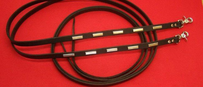Black harness leather reins with silver bars
