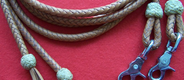 7 1/2 ft Braided harness leather split reins with rawhide knots