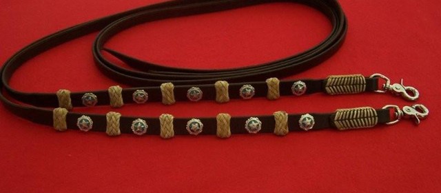 Reins with turquoise star conchos and rawhide braiding